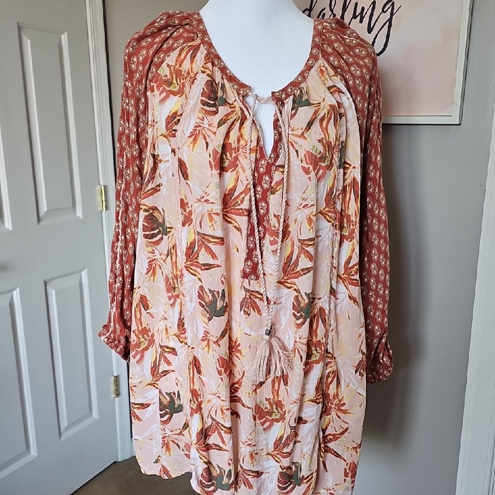 Rust Floral Tie-Front Peasant Tunic